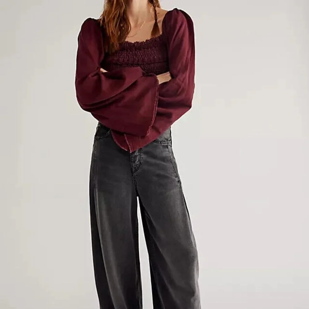 Free People FP One Rory Top Plum Jam Square Neck Smocked  XS NWT